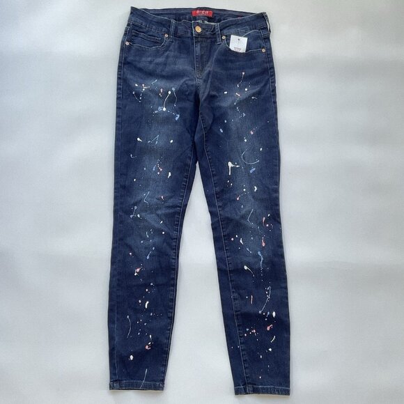 Guess Women’s High Rise Skinny Jeans Painted Splitter Details In Blue Size 28 - Picture 1 of 13